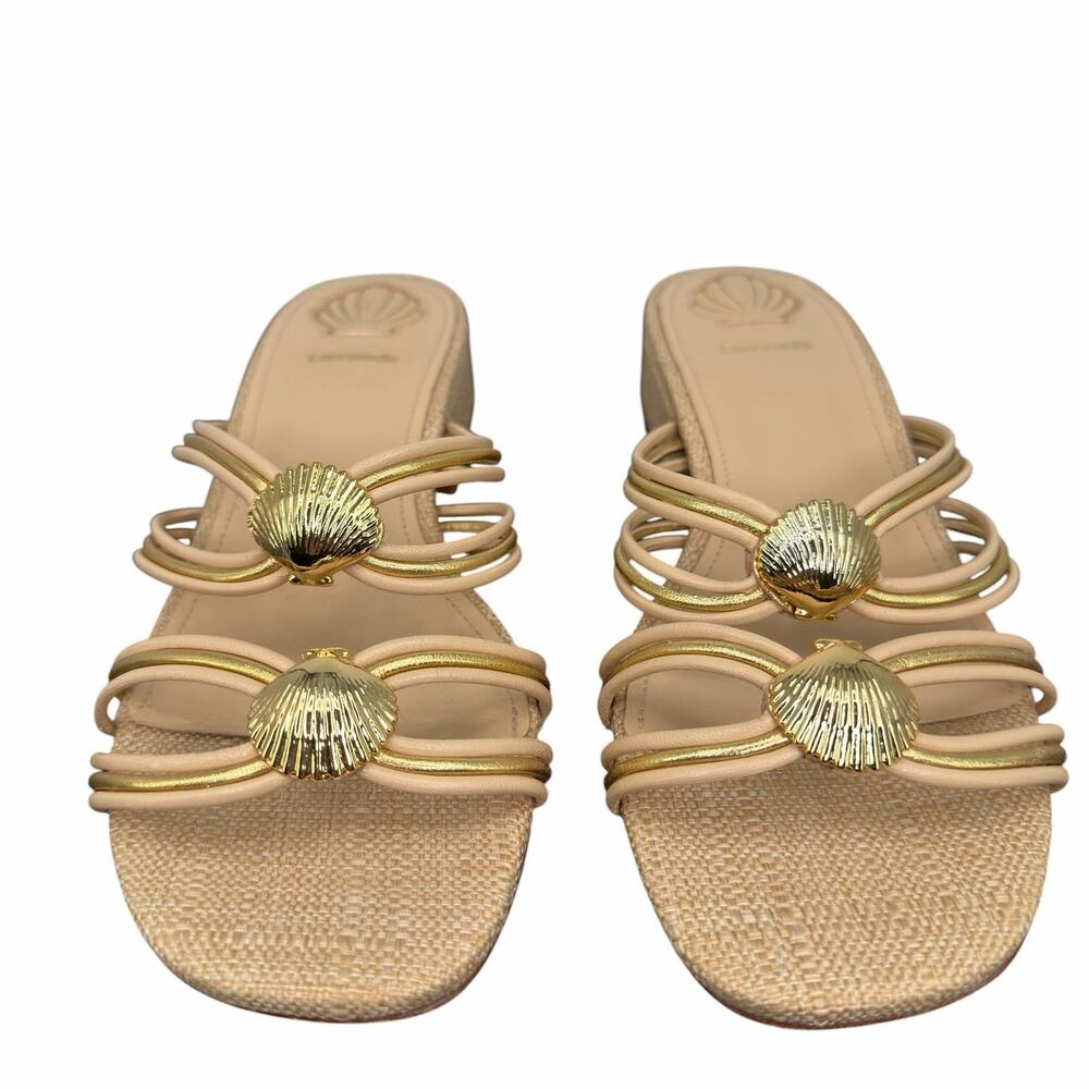Larroudé Shelly Mule Sandal Strappy Leather Beige Gold Seashell Accent Size 7 - Picture 8 of 16